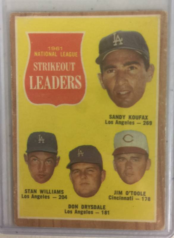 lot 1046 image: Original 1962 Topps League Leaders Strikeout Leaders Sandy Koufax Don Drysdale #60 Dodgers Baseball Card Book Value $20.00 No Creases