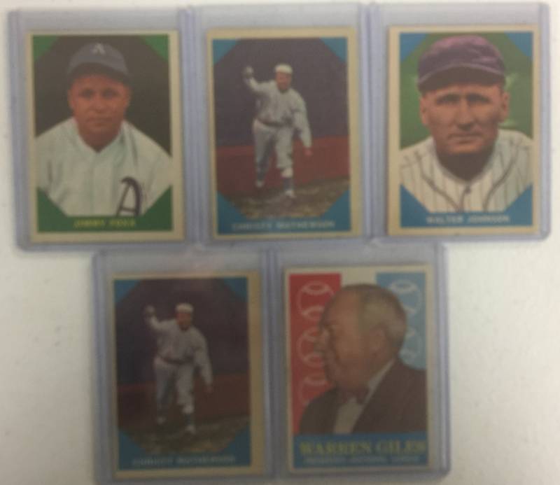 lot 1051 image: Five Original Vintage Baseball Cards 1960 Fleer Christy Mathewson x2, Jimmie Foxx, Walter Johnson, & 1959 Topps Warren Giles Commissioner Card