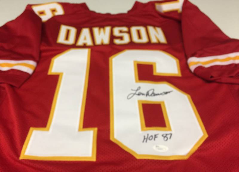 lot 1006 image: Signed Len Dawson Kansas City Chiefs #16 Custom Jersey With HOF 87 Inscription and James Spence Authentication