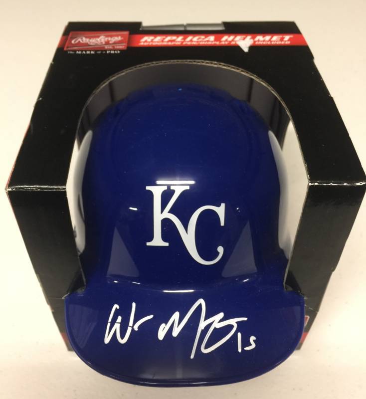 lot 1007 image: Signed Whit Merrifield Kansas City Royals Mini Helmet wJames Spence Authentication and White Ink Signature