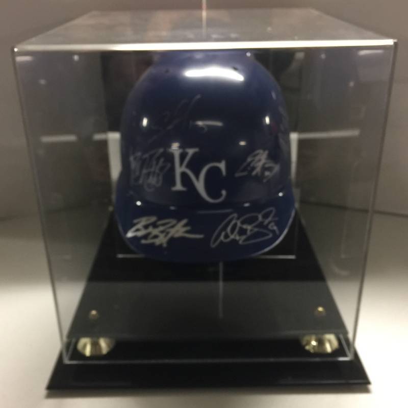 lot 1001 image: Signed Full Sized Kansas City Royals Batting Helmet With Beautiful Display Case- Signed by Six - Salvador Perez, Eric Hosmer, Moose, Alex Gordon, Escobar, Butler - Full Letter of Authenticity From James Spence Authentication