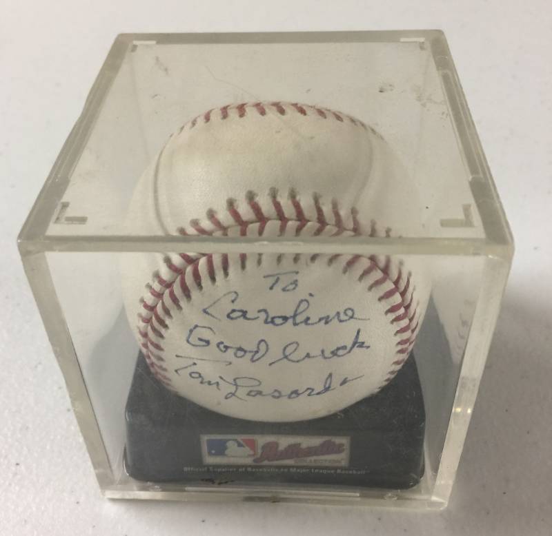 lot 1191 image: Signed Tommy Lasorda Los Angeles Dodgers Personalized Official Major League Baseball In Acrylic Case