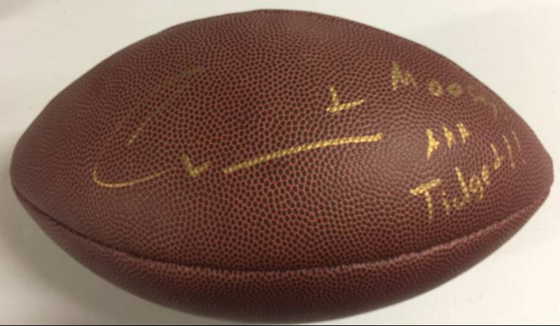 lot 1066 image: Signed Official The Duke NFL Football Signed By Charcandrick West in Gold Ink With Nicknames Moosey AKA Tidget  Inscriptions