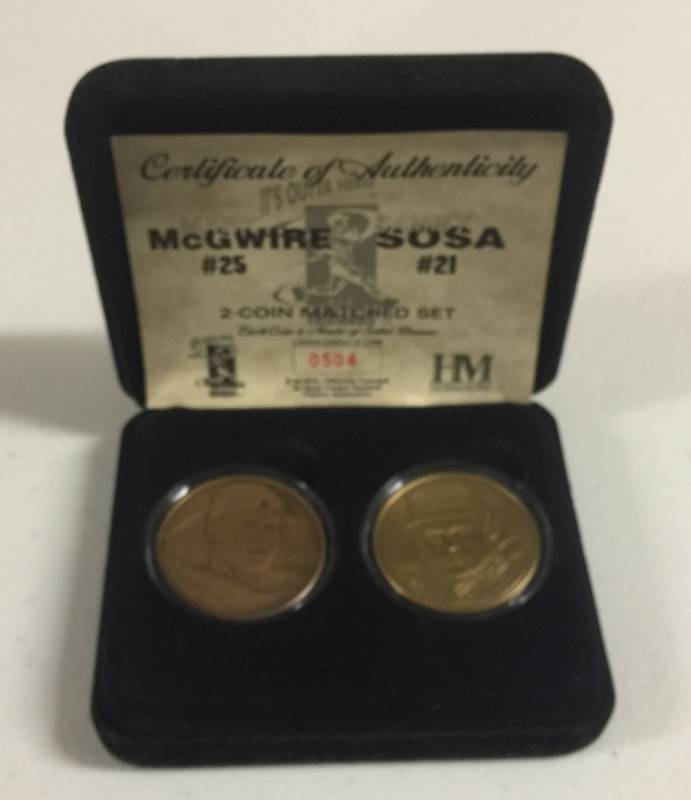 lot 1079 image: Highland Mint & Players Association Mark McGwire & Sammy Sosa Solid Bronze Coins with Certificate of Authenticity #5042500 In Felt Case