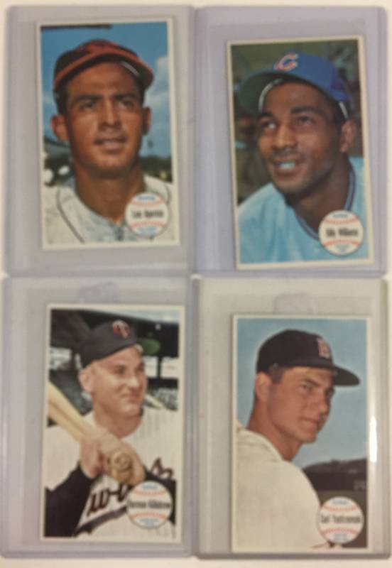 lot 1093 image: Four Original 1964 Topps Giants Jumbo Trading Cards - Four Hall of Famers - Carl Yastrzemski, Billy Williams, Harmon Killebrew, Luis Aparicio