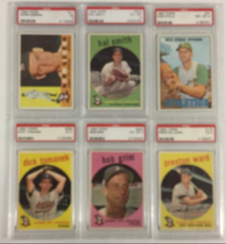 lot 1098 image: Six Original & Professionally Graded Kansas City Athletics Baseball Cards - Four 1959s, 1960, and 1967 PSA 8 - All PSA Graded