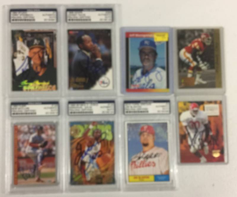 lot 1100 image: Eight Signed Baseball and Football Trading Cards with Five Professionally Authenticated By PSADNA and Slabbed