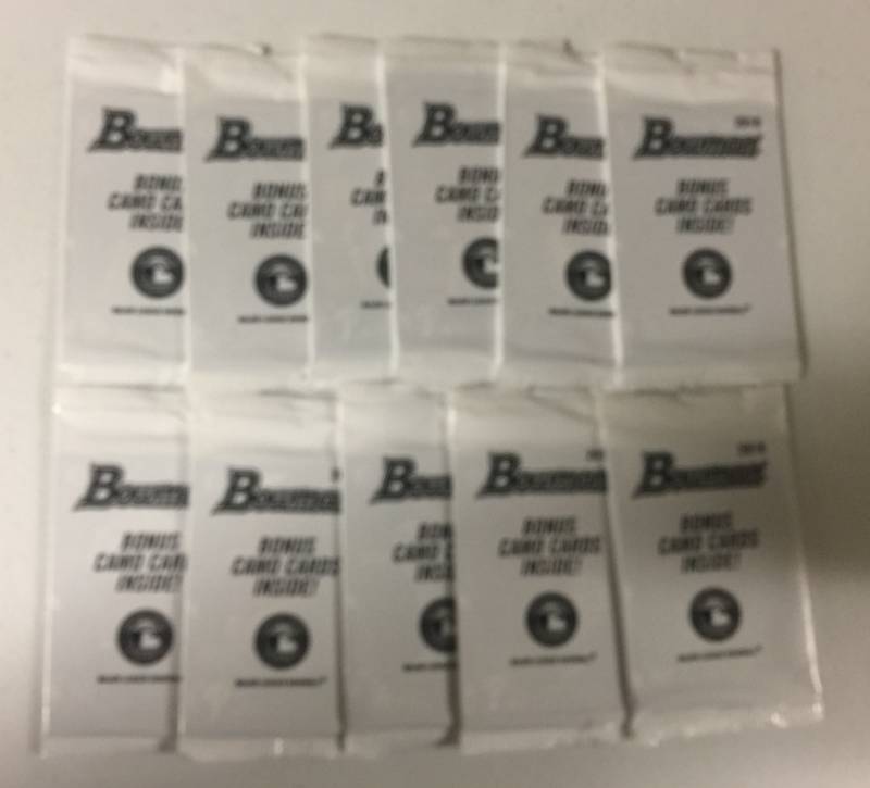 lot 1121 image: Eleven 2018 Bowman Sealed Packs - 3 Bonus Camo Cards In Each Pack - All for One Money