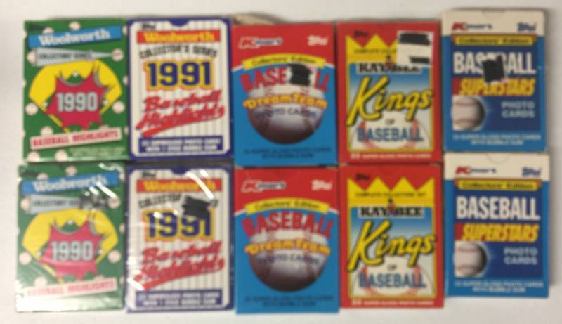 lot 1134 image: Ten Baseball Card Complete Sets K-Mart, Woolworth, Topps, Kaybee, 5 Factory Sealed, 5 Opened, Two of Each Set