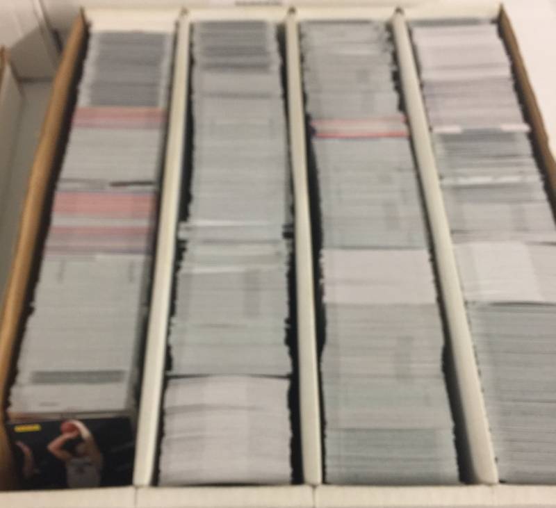 lot 1149 image: Packed Full 3,200 Count (4 Row) Box of New Basketball Cards with Premium Products Select, Prizm, & More
