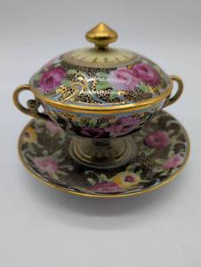 lot 2014 image: Hand Painted Nippon Lidded Bouillon Cup and Saucer Set