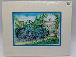 lot 5 image: Blue Bicycle in Garden Watercolor Print by Julie Hammer, Matted
