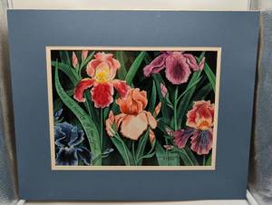 lot 13 image: Iris Garden Watercolor, Matted Print, by Artist Julie Hammer, 1991