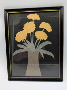 lot 9214 image: Yellow Flowers Paper Art in Black Frame