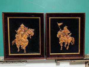 lot 9219 image: Japanese Samurai Warrior Wood Carving Wall Art Set of 2 Frame