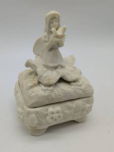 lot 9222 image: White Bisque Fairy Trinket Box, in original packaging box.