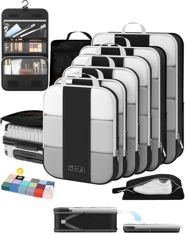 lot 4190 image: 10 Set Compression Packing Cubes for Travel Essentials,Compressible Expandable Packing Cubes for Suitcase,OlarHike Luggage Organizer Bags for Travel,Handy Helper for Organizing Clothes(Black)