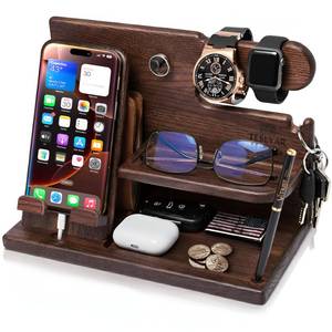 lot 3303 image: TESLYAR Wood Phone Docking Station for Men - Desk or Nightstand Organizer - Birthday Gifts for Husband, Dad - Anniversary Idea from Wife - Key Holder, Stand Wallet, Watch & Essentials (Bourbon Brown)