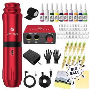 lot 3310 image: Tattoo Gun Kit Complete Tattoo Kit, Tattoo Machine Kit for Beginners, Rotary Tattoo Pen Kit,10 Pro Tattoo Cartridge Needles,10 Ink Color Set for Tattoo Supplies (Red)