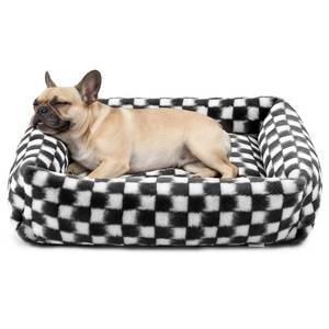 lot 3320 image: JOEJOY Dog Bed for Small Medium Dogs, Removable Washable Cover Orthopedic Soft Faux Rabbit Fur Pet Bed, Anti-Slip Fluffy Plush Puppy Bed, 25x21x7, Checkered, Black