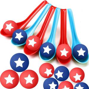 lot 3324 image: PullCrease 24 Pack Memorial Day Spoon Relay Race Set Patriotic Ball Egg Spoon Race Game for 4th of July Independence Day Indoor Outdoor Party Game Supplies 250th Anniversary(Red, Blue,Star)
