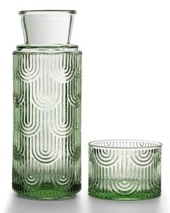 lot 3347 image: DmmyAlzx Bedside Water Carafe and Glass Set, Mouthwash Dispenser for Bathroom, 21.6 Oz Glass Water Bottles with 6 Oz Drinking Cup as Lid, Water Pitcher for Nightstand, Kitchen (Green)