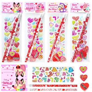 lot 3348 image: AouEtnay 28 Pack Valentines Day Stationery Kids Gift Set with Pencils, Erasers, Cards, Stickers for Kids Valentines Day Classroom Gifts and Party Favors