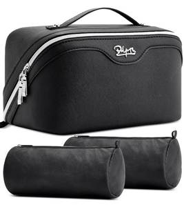 lot 3379 image: BOYATU Travel Makeup Bag Organizer Cosmetic Bag 3 Pcs Set Make up Bags for Women with Handle - Waterproof Vegan Leather Toiletry Bags Travel Essentials Pouch with Compartments (C-01-Black)
