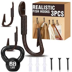 lot 3385 image: Duraaamo 3 Pcs Realistic Fish Hooks for Hats Solid Cast Iron Rustic Brown Fish Hook Wall Mount 4.5 x 2 Coastal Themed Wall Hangers for Coats Bags Keys