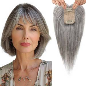 lot 3401 image: Flufymooz Real Human Hair Toppers for women, 10 Inch Clip in Bangs 100% Human Hair Toppers for Thinning Hair, Cover Hair Topper Hair Pieces with 150% Density Silk Base-Grey