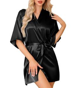 lot 3412 image: Lovasy Womens Satin Robes Silky Short Robe Lightweight Sleepwear Bride Bridesmaids Bathrobes Dressing Gowns Loungewear Black,Medium