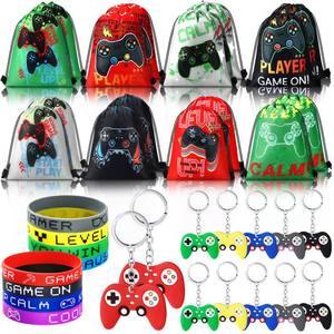 lot 3417 image: Hungdao 48 Pcs Video Game Party Favors 16 Gamer Party Drawstring Bags Gaming Goodie Bag 16 Wristbands 16 Keychains for Birthday