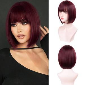 lot 3424 image: T-color Wine Red Bob Wigs for White Women - 12 Short Bob Wigs With Bangs Natural Fashion Synthetic Wig Colorful Synthetic Hair for Daily Cosplay Halloween