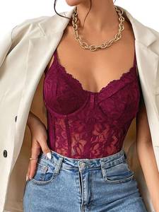 lot 3425 image: COZYEASE Womens Lace Bustier Cami Bodysuit Plain Sleeveless Slim Fit Sheer Mesh Corset Top Romper Burgundy Large
