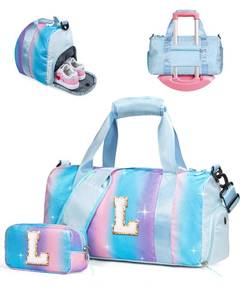 lot 3448 image: Vogewood Kindergarten Gift Ideas-Girl Gym Bag with Shoe Compartment, Kid Personalized Weekender Overnight Bags, Initial Travel Tote with Makeup Pouch, Niece Girls Birthday Gift (Letter L)