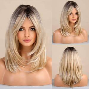 lot 3459 image: Tumhorn Long Layered Blonde Wigs for Women Synthetic Hair Wig with Bangs Natural Wavy Heat Resistant Wigs for Daily Party Use