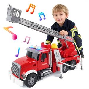 lot 3466 image: SMILESSKIDDO Fire Truck Toy - 112 Large Friction Powered Fire Rescue Truck with Water Pump, Extendable Ladder, Lights & Siren Sounds, Christmas Birthday Gift, Kids Toys for Age 3, 4, 5, 6, 7