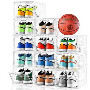 lot 3482 image: 12 Pack Thicken & Sturdy Clear Shoe Storage Organizer with Magnetic Door, Shoe Boxes Clear Plastic Stackable for Closet, Shoe Rack for Sneaker Boot Container, Shoe Cabinet Fit up to US Size 12