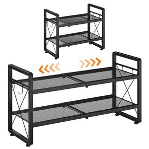 lot 3483 image: ELYKEN Shoe Rack, 2-Tier Expandable Shoe Organizer for Entryway, Metal Black Shoe Shelf with 4 Hooks, Ajustable Shoe Stand Holder for Closet, Garage, Door Entrance