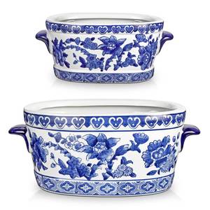 lot 3497 image: Blue and White Ceramic Planter Pot Vintage Floral Oval Cachepot Vase for Indoor Plants, Flowers &amp Succulents Glazed Chinese Porcelain Style Decorative Bowl 10.6 Size No Drainage - Retail $45.99