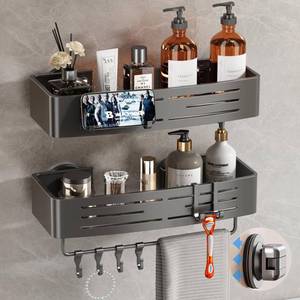 lot 3504 image: Voldra Shower Caddy Suction Cup, 2 Pack Shower Shelves for Inside Shower No Drilling, Aluminum Suction Showers Organizer with Towel Bar & Hooks Removable Bathroom Shelf Storage Rack(Gray)