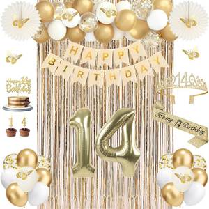 lot 3512 image: 14th Birthday Decorations for Girls, Champagne Gold Happy 14 Year Old Gifts for Girls, 14 Sash and Crown, Banner, Fringe Curtains, Hanging Paper Fans, 14th Birthday Party Decorations