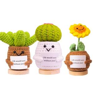 lot 3541 image: CoFuBcad 3PCS Handcrafted Emotional Support Cucumber Gift, Cute Crochet Cucumber Knitted Doll Decoration with Front Card, Wooden Base for Birthday Gift Home Decoration