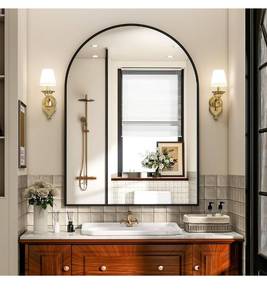 lot 1852 image: Arch Bathroom Mirror, 24x36 inch Arched Bathroom MirrorWall Mounted Vanity Mirror - Arch Metal Frame Wall Mirror for Bathroom Bedroom Living Room, Black