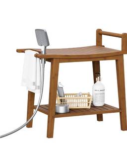 lot 1872 image: Bamboo Shower Bench, Waterproof Wooden Stool with Storage Shelf, Shower Chair for Inside Shower