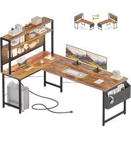 lot 1876 image: Mericonia 59 inch Large L Shaped Desk with Pegboard Hutch & Shelves, Corner Gaming Desk with Power Outlet, LED Light & Storage Bag, Reversible Computer Desk for Home, Bedroom, Office Workspace, Brown