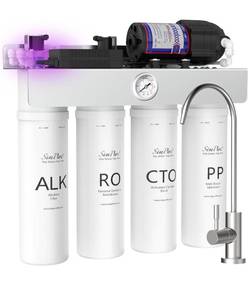 SimPure T1-400ALK Alkaline UV Reverse Osmosis System, NSF/ANSI 58 Certified, Tankless RO Water Filter System 400 GPD, pH+ Remineralization Water Filtration Under Sink, BPA Free, Built-in Pump - RETAIL $279