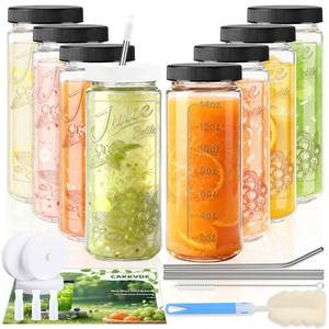 lot 1921 image: 8 Pack 16oz Glass Juice Bottles with Lids - Juicing Bottles with Thickened Leakproof Caps & Custom Designs, High-Clarity Reusable Glass Bottles for Juicing, Smoothies, Kombucha and Iced Coffee