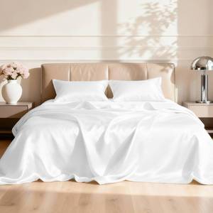 lot 1934 image: Loves cabin Satin Queen Sheets Set - 4 Piece White Silky Bed Sheets with Deep Pocket, Luxury Silk Feel Satin Queen Size Sheet Set (1 Flat Sheet,1 Fitted Sheet,2 Pillow Cases)