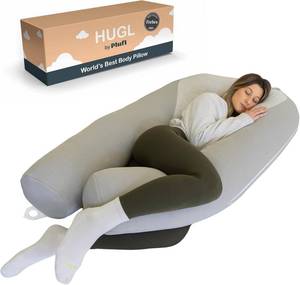 lot 121351 image: Retails for $169 Plufl Hugl Cooling Body Pillow for Adults Made with CloudSupport Fill  U Shaped Maternity Pillows Great for Side Sleepers & Pregnant Women  Washable Cover  Grey